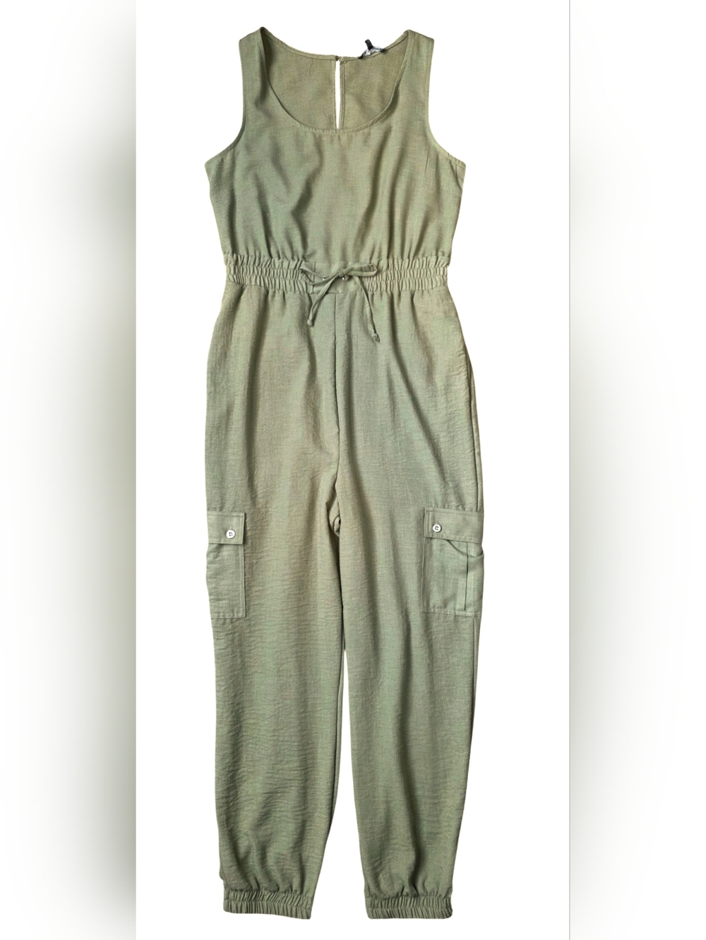 As U Wish Juniors' Olive Green Drawstring Waist Cargo Jumpsuit - Size Large